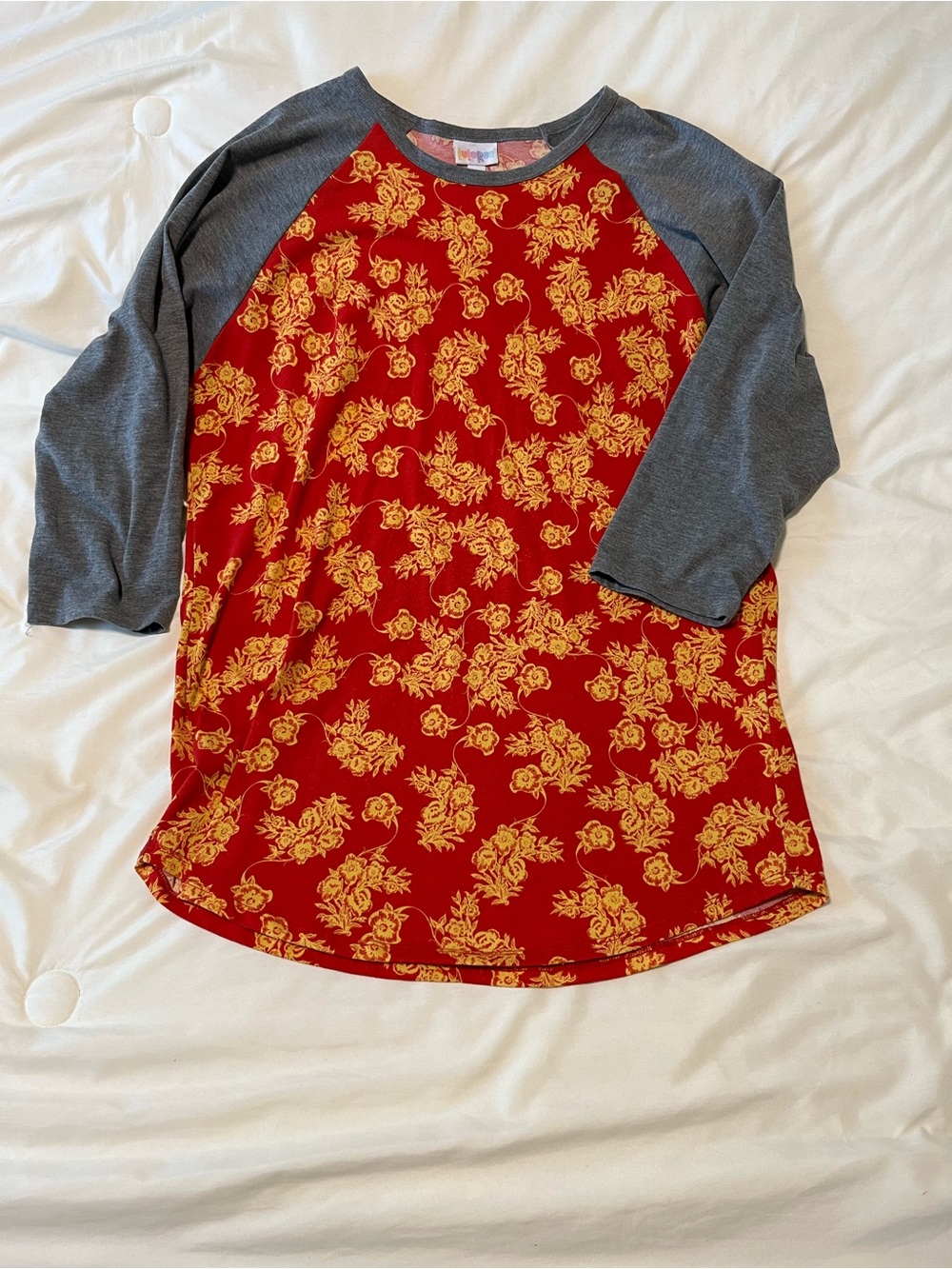 LuLaRoe Red Tee with Yellow Floral Print and Gray Raglan Sleeves Size XL